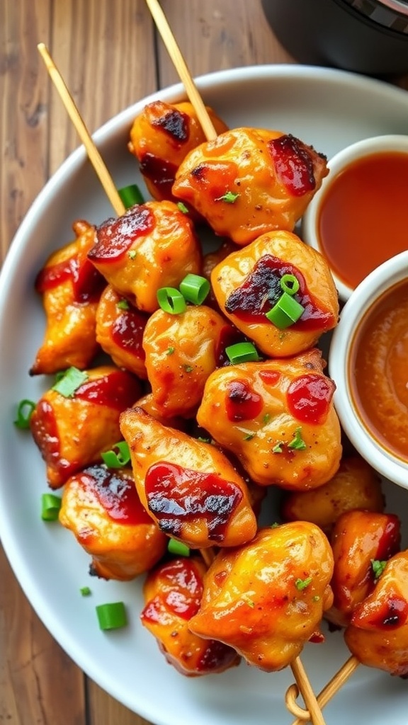 Golden-brown air fryer chicken skewers garnished with herbs, served with dipping sauce on a rustic table.